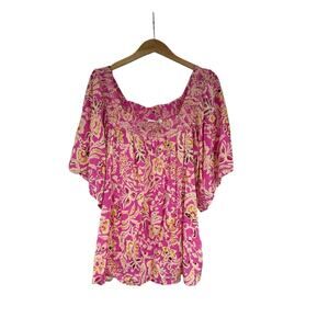 She & Sky Colorful Pink Orange Floral Flutter Sleeve Summer Top Womens 2XL